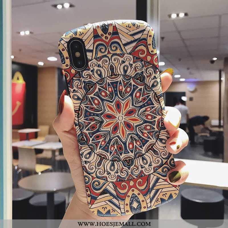 Hoes iPhone Xs Vintage Reliëf Blauw Driedimensionaal Hoesje Wind Etnische Blauwe