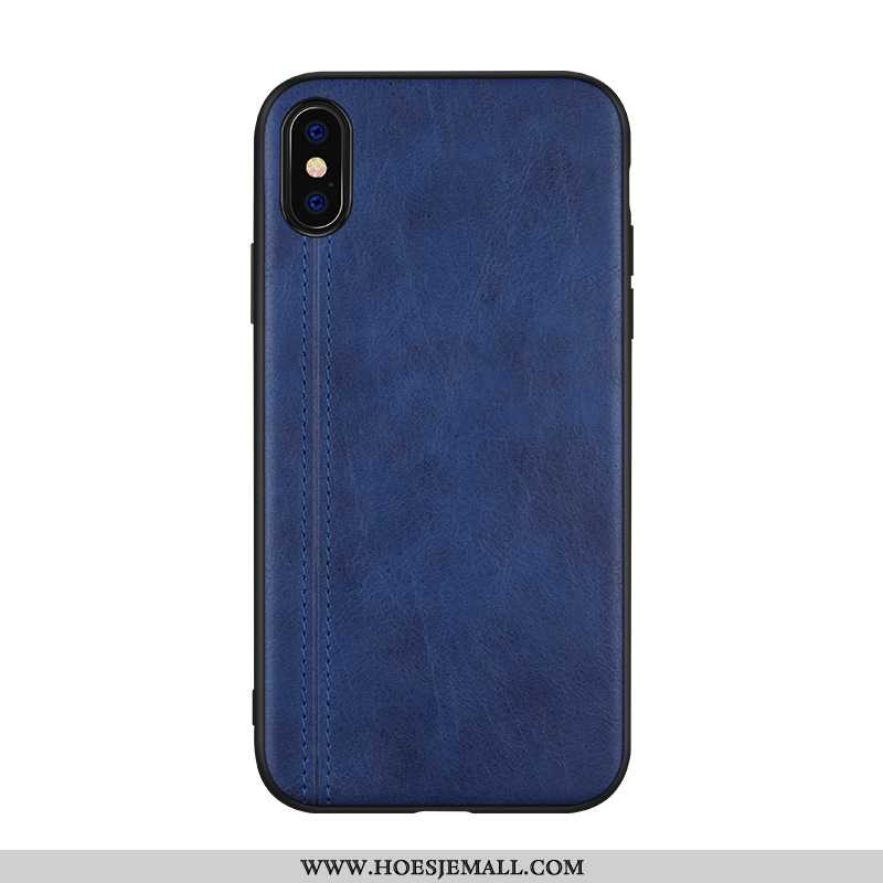 Hoesje iPhone Xs Echt Leer Trend Leren Achterklep Net Red Mobiele Telefoon Donkerblauw Donkerblauwe