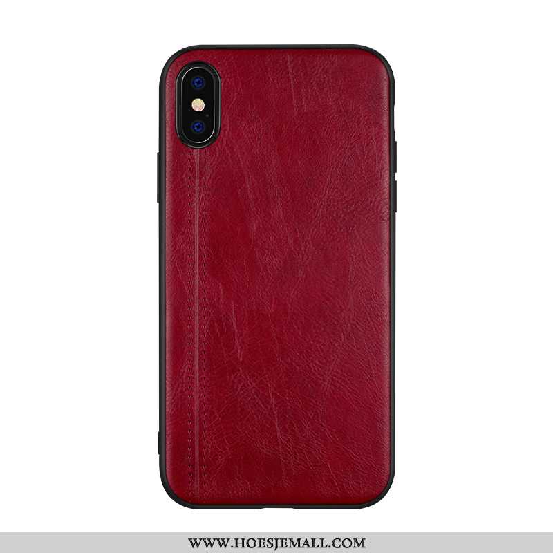 Hoesje iPhone Xs Echt Leer Trend Leren Achterklep Net Red Mobiele Telefoon Donkerblauw Donkerblauwe