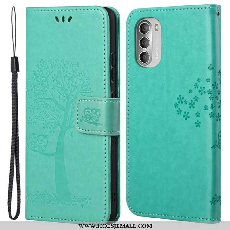 Leren Hoesje voor Moto G51 5G Met Ketting String Boom En Uilen