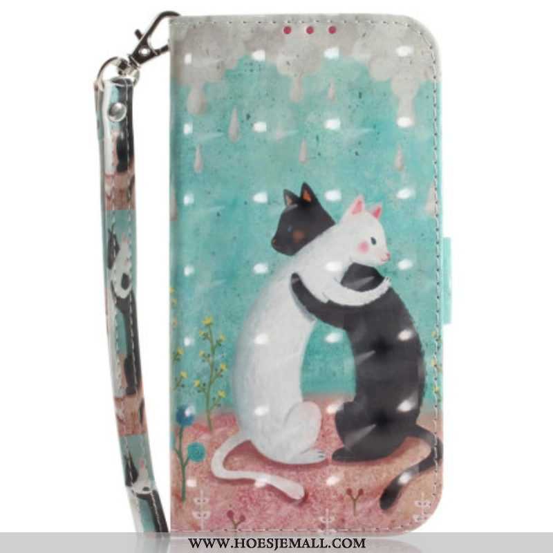 Flip Case voor Moto G73 5G Met Ketting Zwarte Kat Witte Kat Met Riem