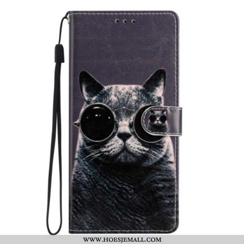 Folio-hoesje voor Moto G73 5G Met Ketting Bril Met Bandjes Cat