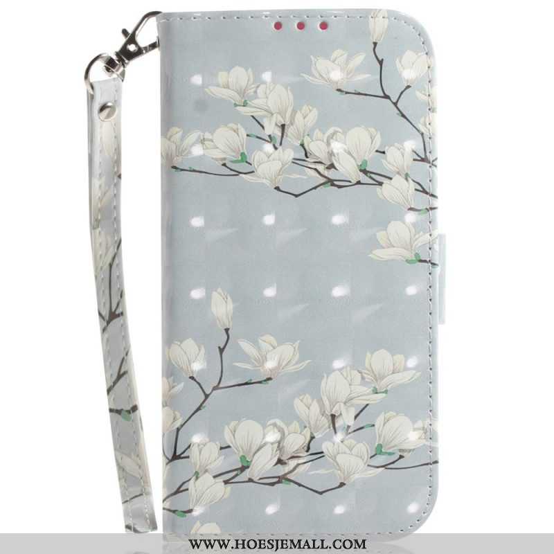 Folio-hoesje voor Moto G73 5G Met Ketting Witte Bloemen Met Bandjes