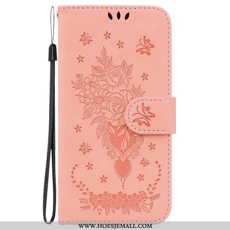 Flip Case voor Moto G73 5G Met Ketting Strappy Rozen En Vlinders