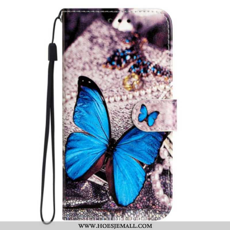 Flip Case voor Moto G73 5G Met Ketting Kostbare Blauwe Vlinder Met Riem