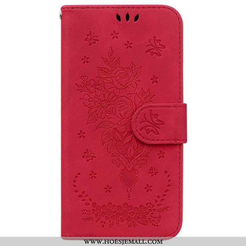 Flip Case voor OnePlus 10 Pro 5G Met Ketting Strappy Rozen En Vlinders