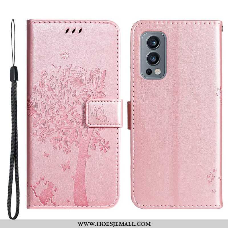 Folio-hoesje voor OnePlus Nord 2 5G Met Ketting Boom En Strappy Cat