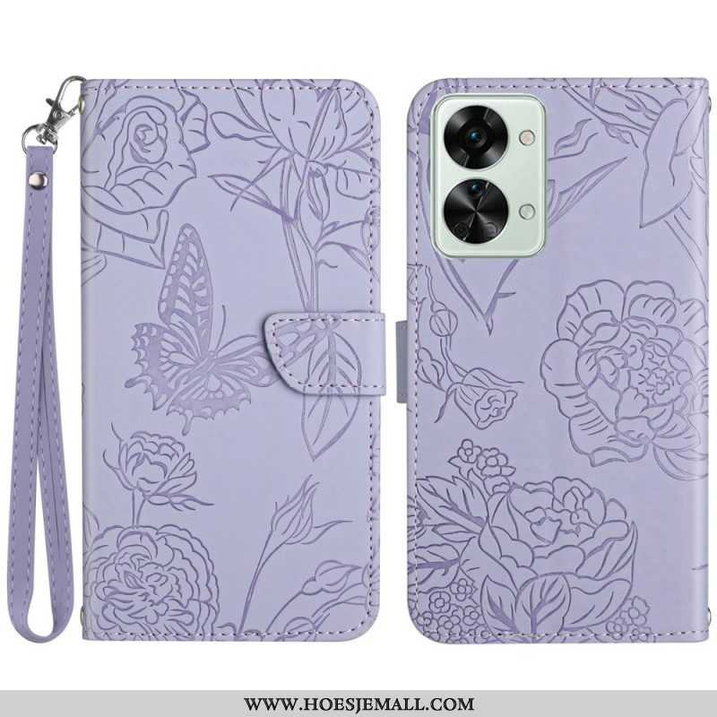 Flip Case voor OnePlus Nord 2T 5G Met Ketting Premium Stringvlinders