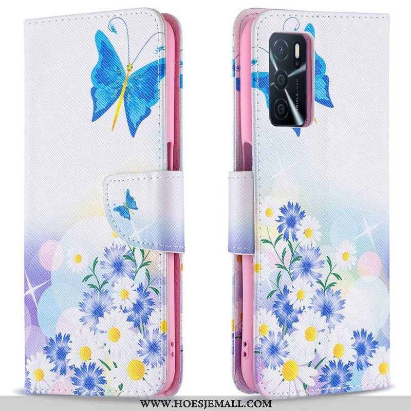 Folio-hoesje voor Oppo A16 / A16s Geschilderde Vlinders En Bloemen