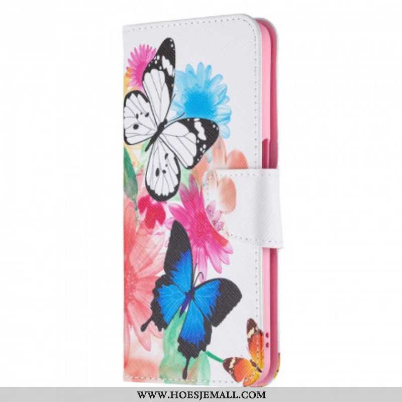 Folio-hoesje voor Oppo A54 5G / A74 5G Geschilderde Vlinders En Bloemen