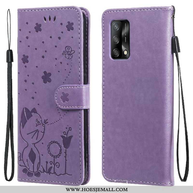 Leren Hoesje voor Oppo A74 4G Met Ketting Kat En Bij Met Lanyard