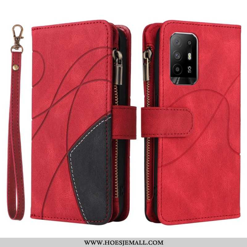 Folio-hoesje voor Oppo A94 5G Tweekleurige Portemonnee Met Lanyard