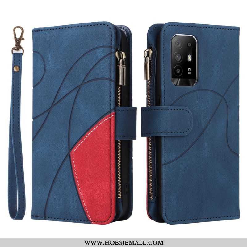 Folio-hoesje voor Oppo A94 5G Tweekleurige Portemonnee Met Lanyard