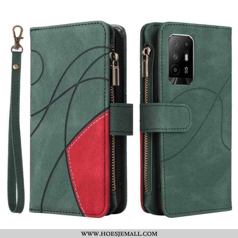 Folio-hoesje voor Oppo A94 5G Tweekleurige Portemonnee Met Lanyard