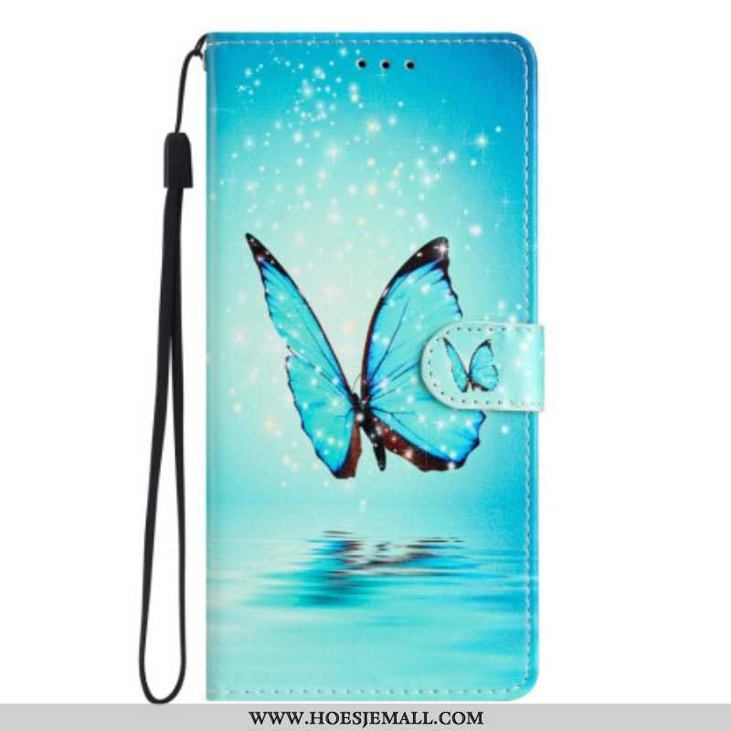 Flip Case voor Oppo Reno 8 Pro Met Ketting Blauwe Vlinders Met Riem