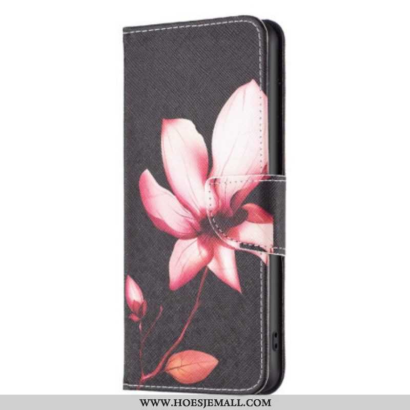 Flip Case voor Samsung Galaxy A14 / A14 5G Bloem Op Zwarte Achtergrond