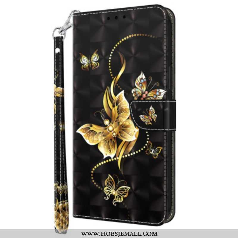 Leren Hoesje voor Samsung Galaxy A14 / A14 5G Met Ketting Gouden Vlinders Met Riem