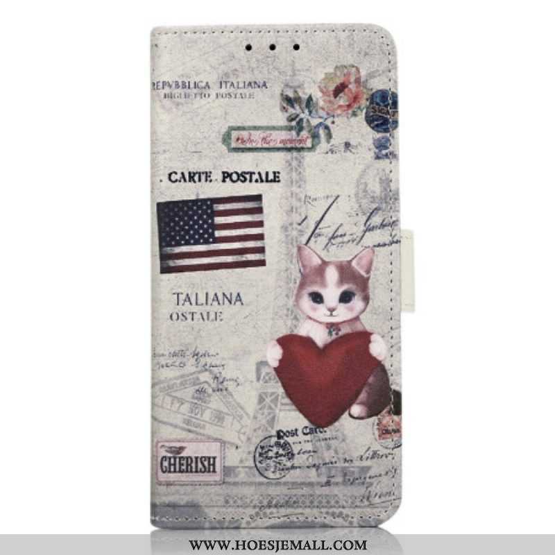 Leren Hoesje voor Samsung Galaxy A14 / A14 5G Reiziger Kat