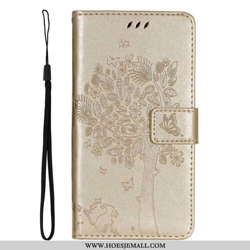 Folio-hoesje voor Samsung Galaxy A14 / A14 5G Met Ketting Boom En Strappy Cat