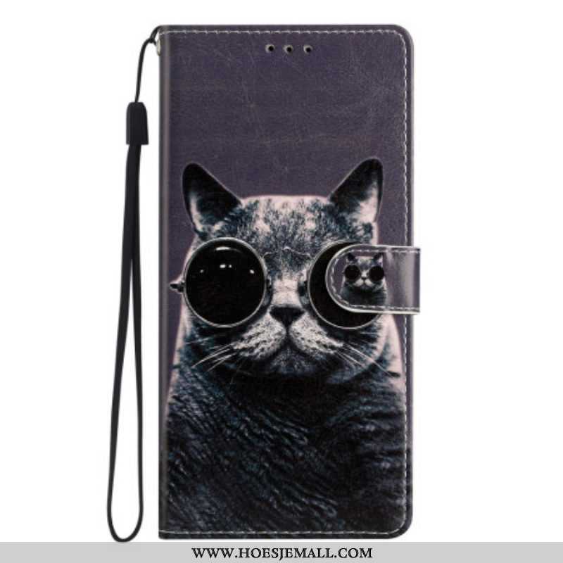 Leren Hoesje voor Samsung Galaxy A54 5G Met Ketting Kat Strappy Bril