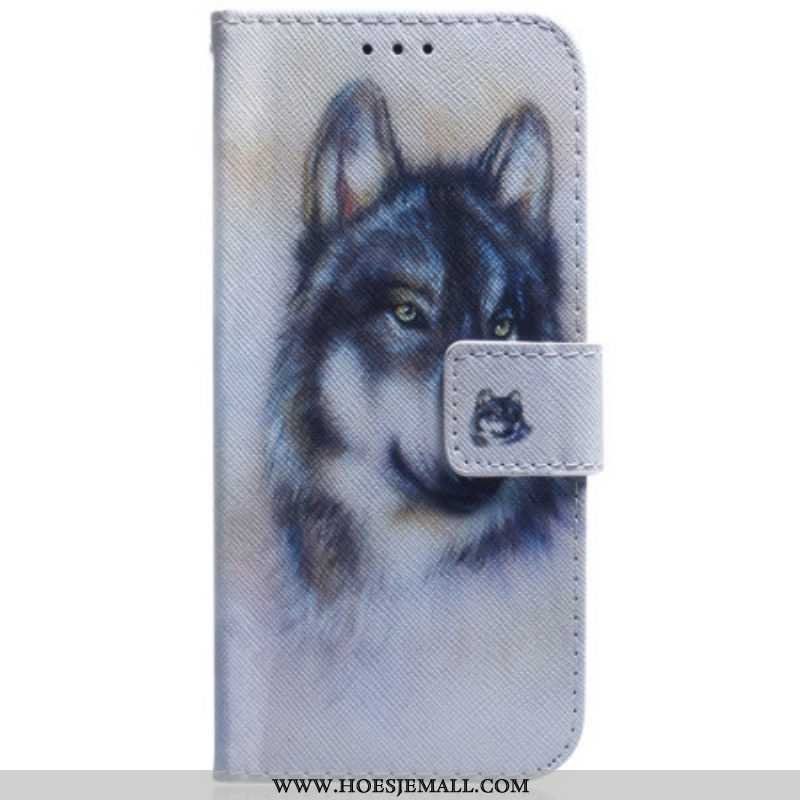 Leren Hoesje voor Samsung Galaxy A54 5G Met Ketting Strappy Aquarel Wolf