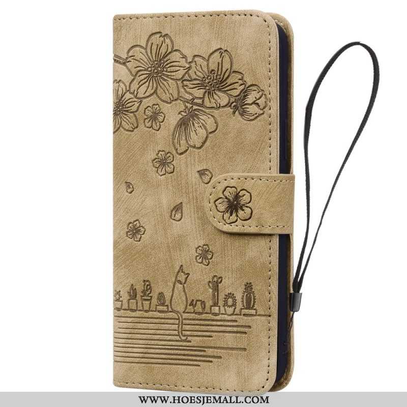 Folio-hoesje voor Samsung Galaxy A54 5G Met Ketting Bloemen String Kat