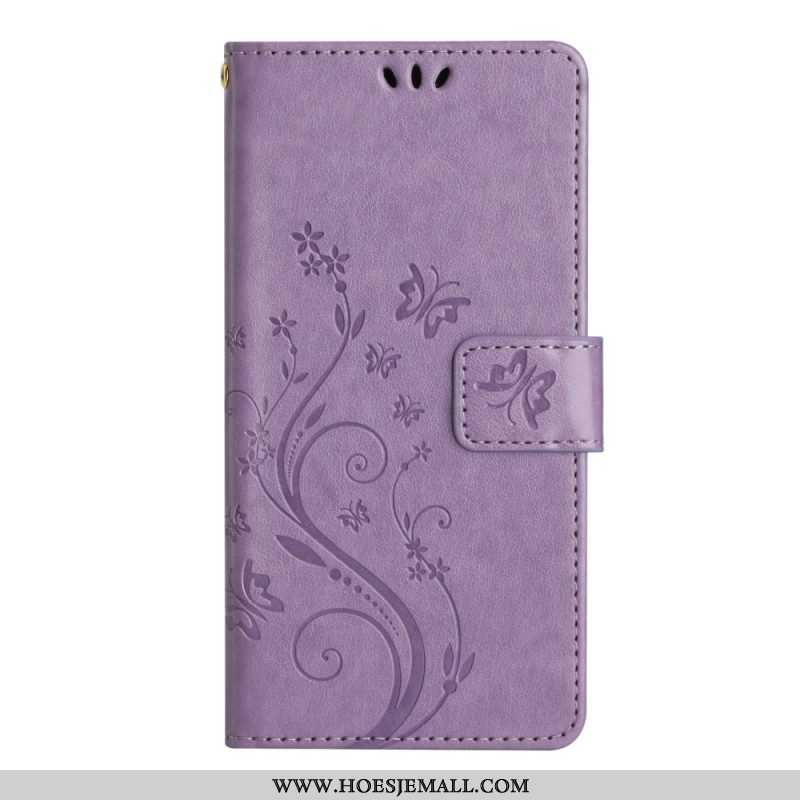 Leren Hoesje voor Samsung Galaxy A54 5G Met Ketting Bloemen En Vlinders Met Riem