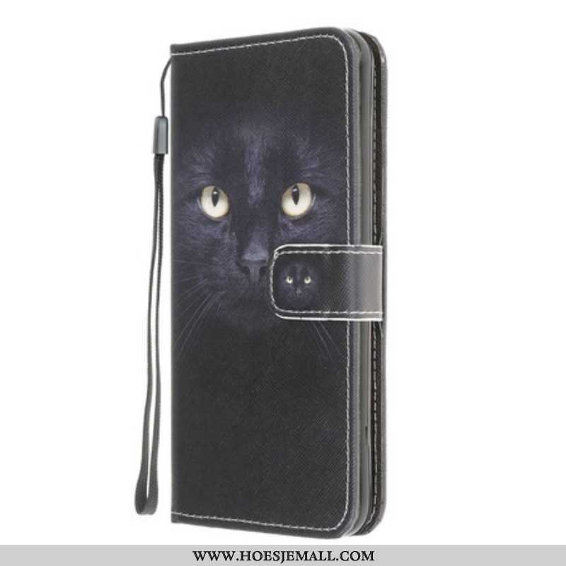 Folio-hoesje voor Samsung Galaxy M12 / A12 Met Ketting Strappy Zwarte Kattenogen