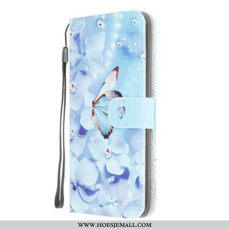 Folio-hoesje voor Samsung Galaxy M12 / A12 Met Ketting Strappy Diamanten Vlinders