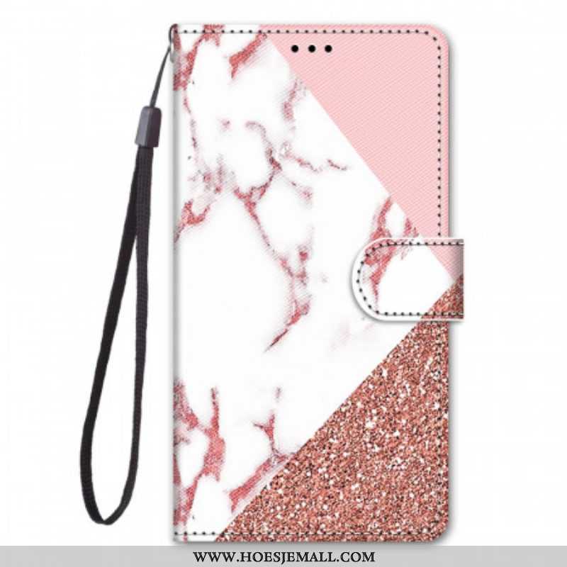 Leren Hoesje voor Samsung Galaxy M23 5G Marmer En Glitterdriehoek