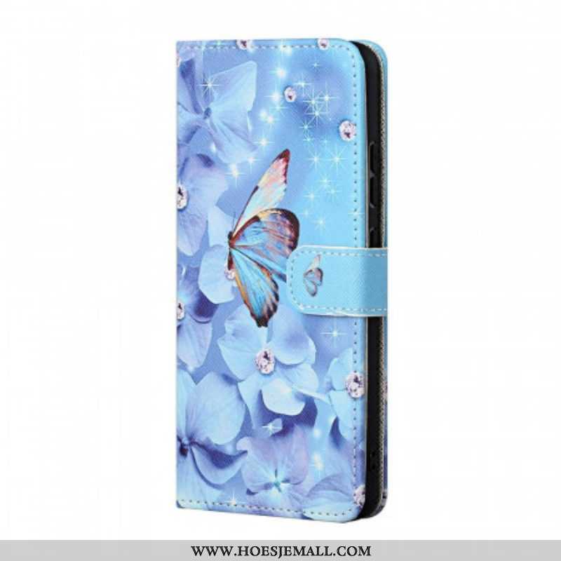 Leren Hoesje voor Samsung Galaxy M23 5G Met Ketting Strappy Diamanten Vlinders