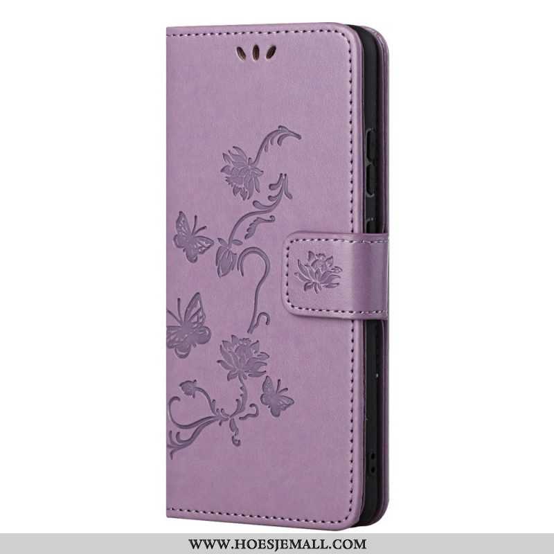 Flip Case voor Samsung Galaxy M52 5G Met Ketting Vlinders En Bloemen Riem