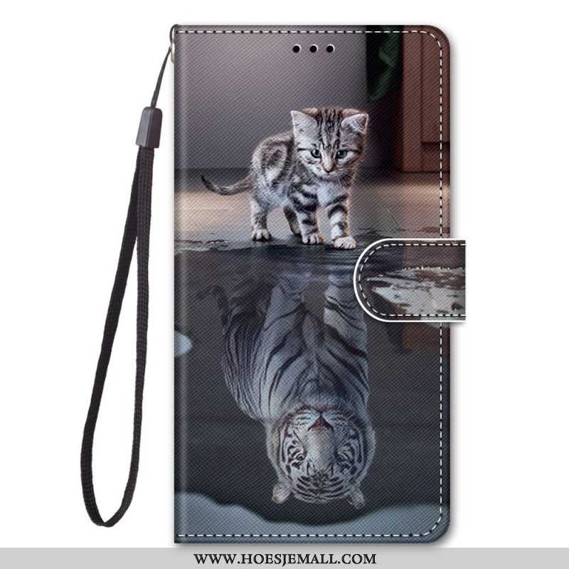 Flip Case voor Samsung Galaxy M53 5G Met Ketting Grijze Kitten Met Riem