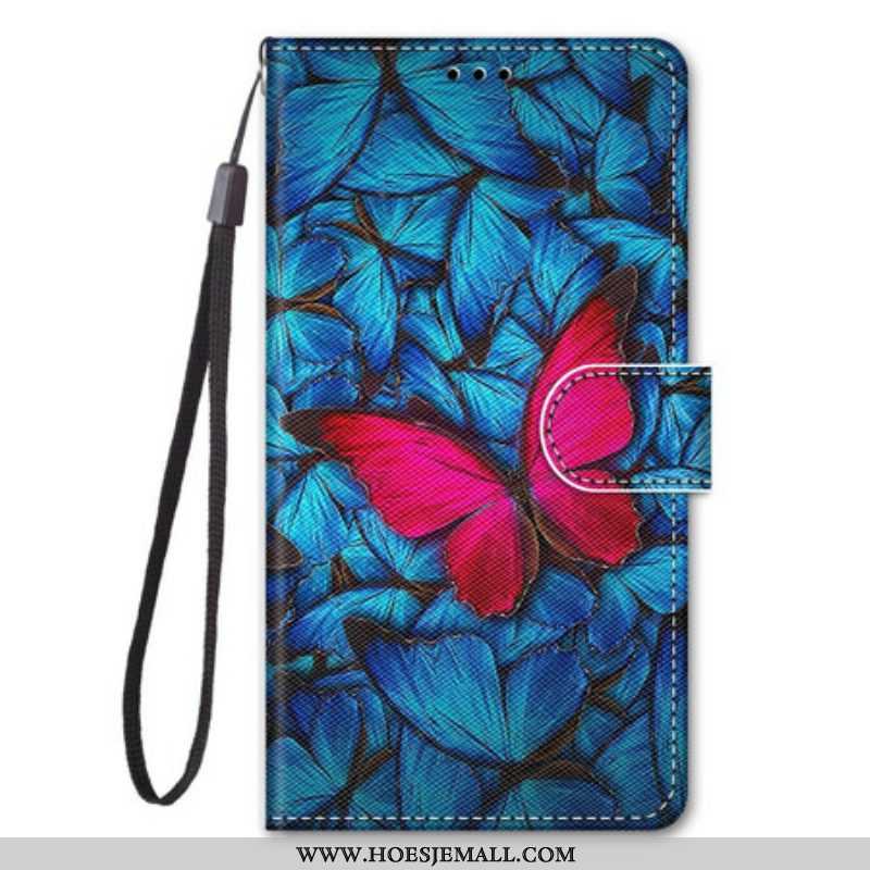 Folio-hoesje voor Samsung Galaxy S21 5G Rode Vlinder Blauwe Achtergrond