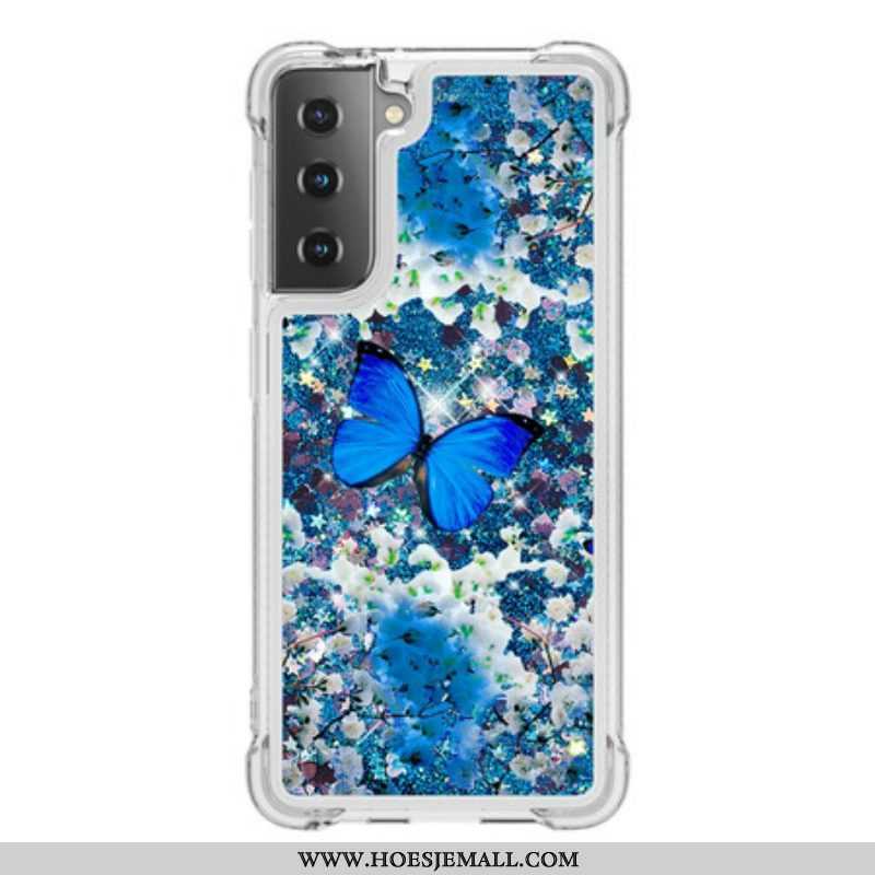 Hoesje voor Samsung Galaxy S21 5G Glitter Blauwe Vlinders