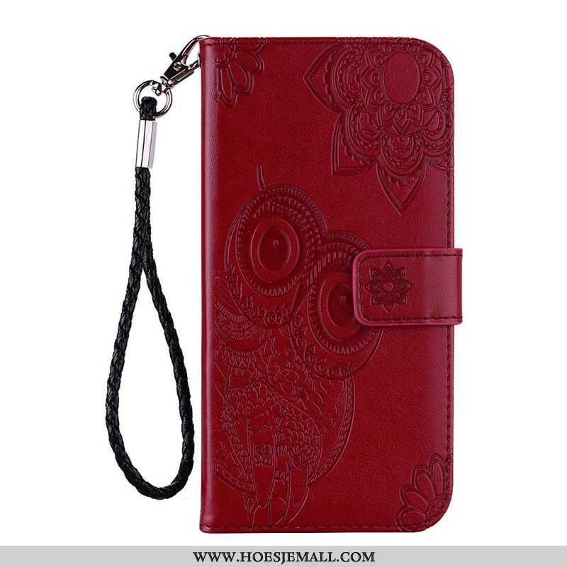 Leren Hoesje voor Samsung Galaxy S21 FE Uil Mandala En Lanyard