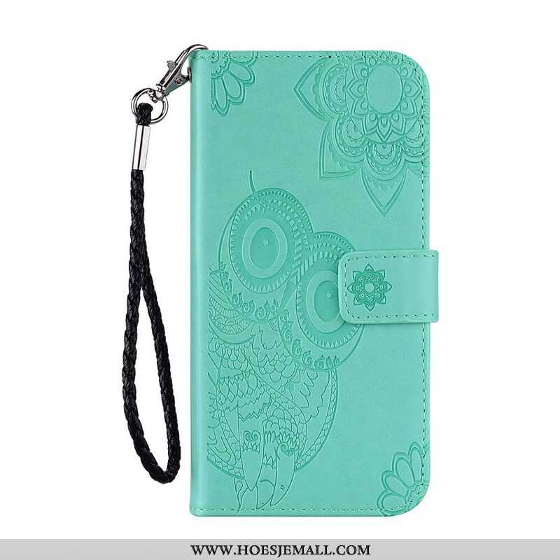 Leren Hoesje voor Samsung Galaxy S21 FE Uil Mandala En Lanyard