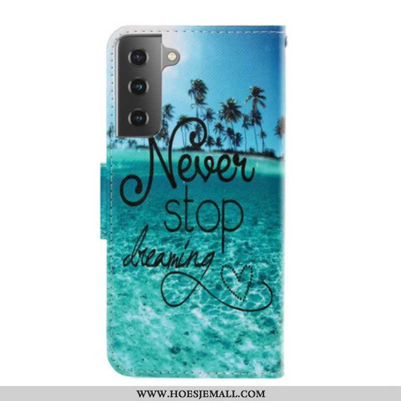 Folio-hoesje voor Samsung Galaxy S21 Plus 5G Met Ketting Stop Nooit Met Dromen In Marineblauwe Bandj