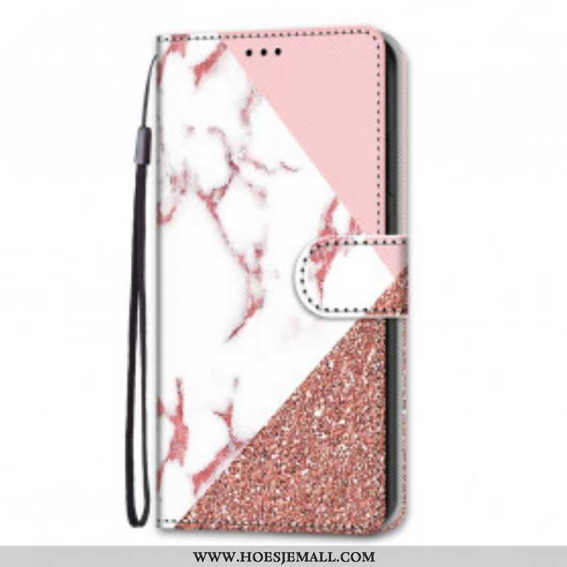 Flip Case voor Samsung Galaxy S21 Ultra 5G Marmer En Glitterdriehoek