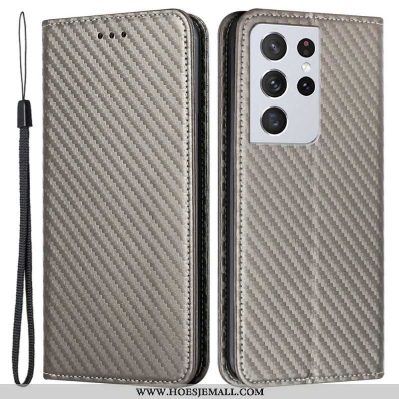 Bescherming Hoesje voor Samsung Galaxy S21 Ultra 5G Met Ketting Folio-hoesje Band Van Koolstofvezel