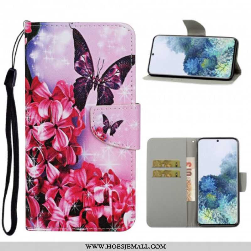 Folio-hoesje voor Samsung Galaxy S21 Ultra 5G Vlinders Floral Lanyard