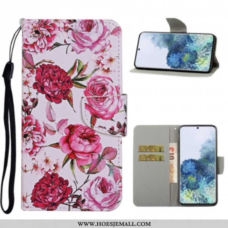 Flip Case voor Samsung Galaxy S21 Ultra 5G Meesterlijke Bloemen Met Riem