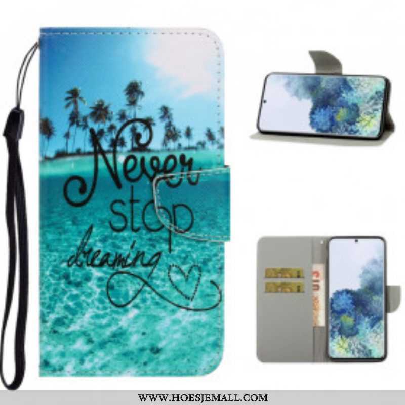 Folio-hoesje voor Samsung Galaxy S21 Ultra 5G Met Ketting Stop Nooit Met Dromen In Marineblauwe Band