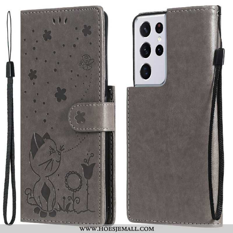 Folio-hoesje voor Samsung Galaxy S21 Ultra 5G Met Ketting Kat En Bij Met Lanyard