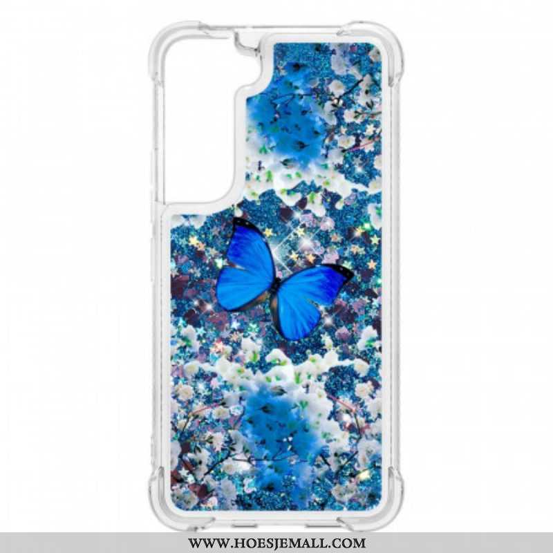 Hoesje voor Samsung Galaxy S22 5G Glitter Blauwe Vlinders