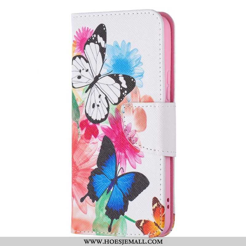 Leren Hoesje voor Samsung Galaxy S22 5G Geschilderde Vlinders En Bloemen