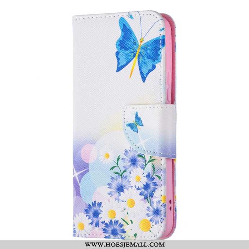 Leren Hoesje voor Samsung Galaxy S22 5G Geschilderde Vlinders En Bloemen