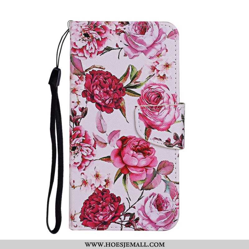 Leren Hoesje voor Samsung Galaxy S22 Plus 5G Meesterlijke Bloemen Met Riem