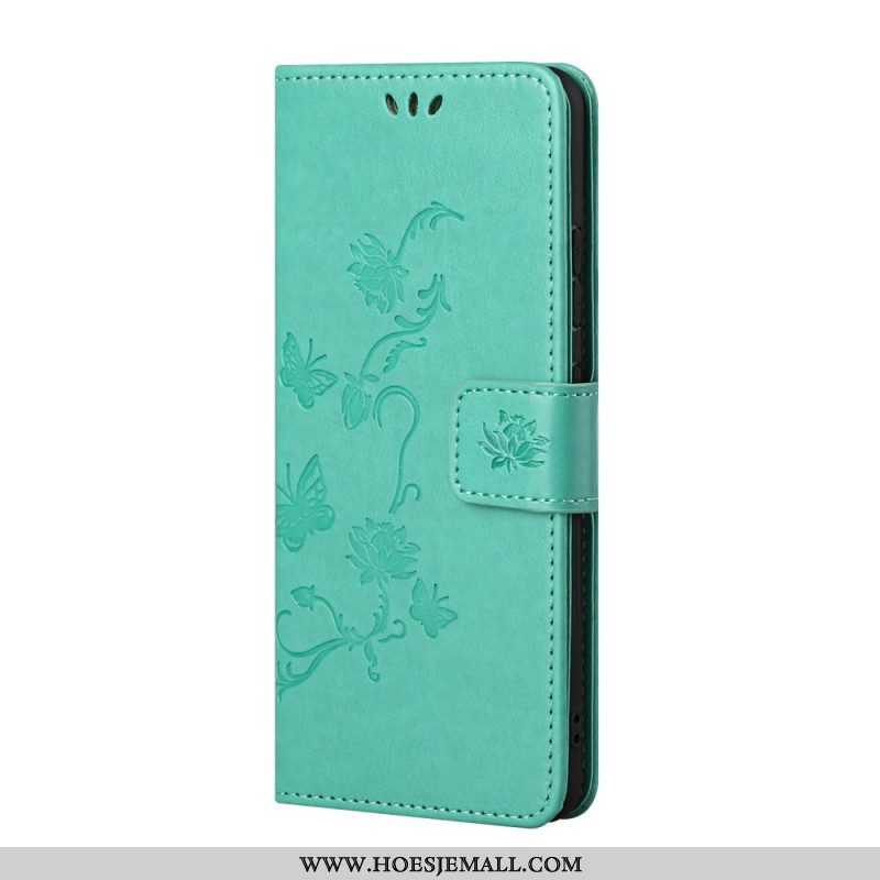 Folio-hoesje voor Samsung Galaxy S22 Plus 5G Met Ketting String Vlinders En Bloemen