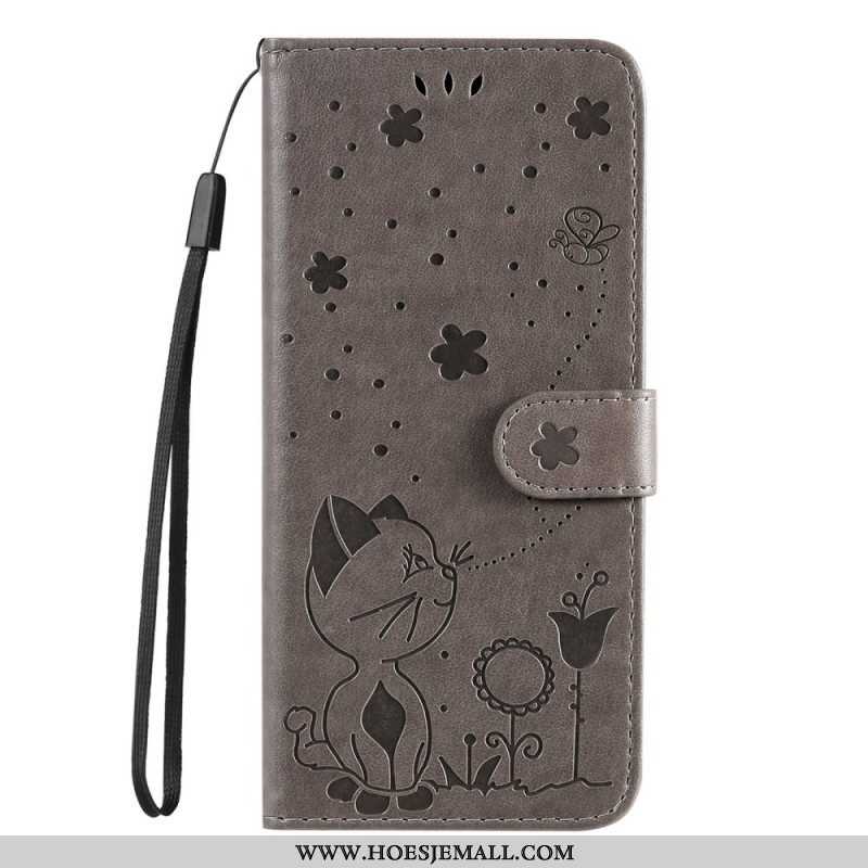 Folio-hoesje voor Samsung Galaxy S22 Ultra 5G Met Ketting Kat En Bij Met Lanyard